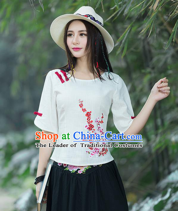 Traditional Chinese National Costume, Elegant Hanfu Embroidery Flowers White T-Shirt, China Tang Suit Republic of China Chirpaur Blouse Cheong-sam Upper Outer Garment Qipao Shirts Clothing for Women