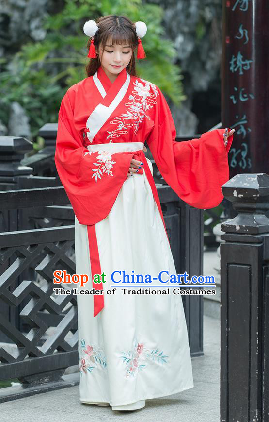 Traditional Ancient Chinese Costume, Elegant Hanfu Clothing Embroidered Slant Opening Blouse and Dress, China Ming Dynasty Princess Elegant Red Blouse and Ru Skirt Complete Set for Women