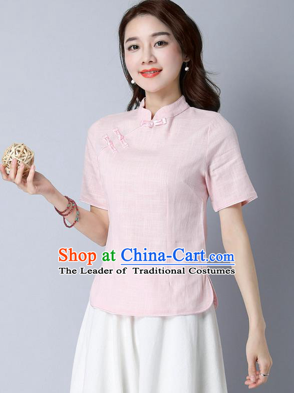 Traditional Chinese National Costume, Elegant Hanfu Stand Collar Pink T-Shirt, China Tang Suit Republic of China Plated Buttons Chirpaur Blouse Cheong-sam Upper Outer Garment Qipao Shirts Clothing for Women