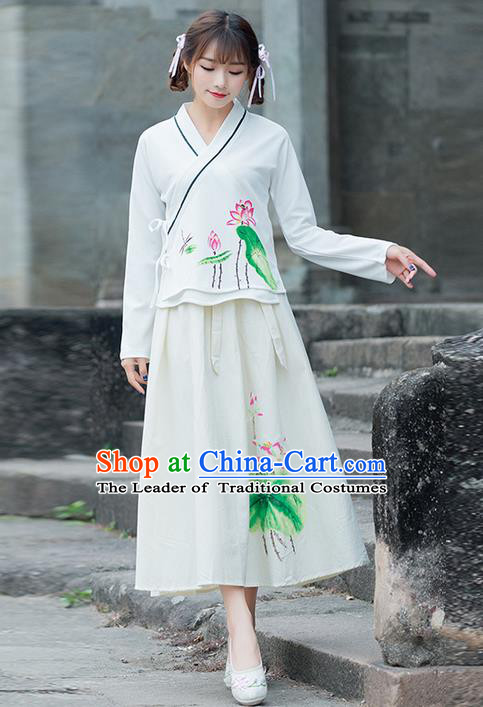 Traditional Ancient Chinese Costume, Elegant Hanfu Clothing Printing Lotus Slant Opening Blouse and Dress, China Ming Dynasty Palace Princess Elegant Blouse and Skirt Complete Set for Women