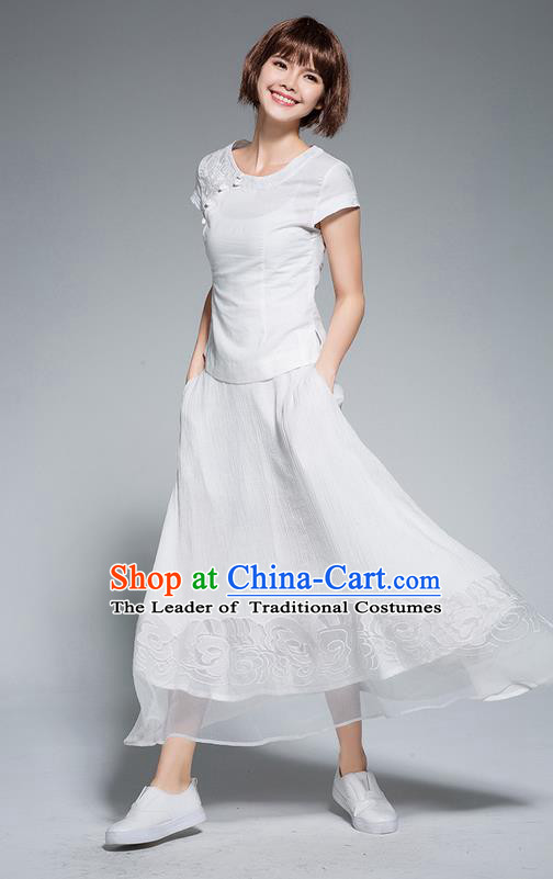 Traditional Ancient Chinese National Pleated Skirt Costume, Elegant Hanfu Chiffon Embroidery Long White Dress, China Tang Suit Big Swing Bust Skirt for Women