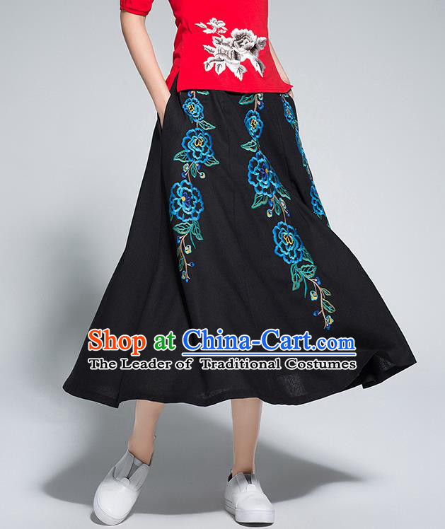 Traditional Ancient Chinese National Pleated Skirt Costume, Elegant Hanfu Linen Embroidery Long Black Dress, China Tang Suit Big Swing Bust Skirt for Women