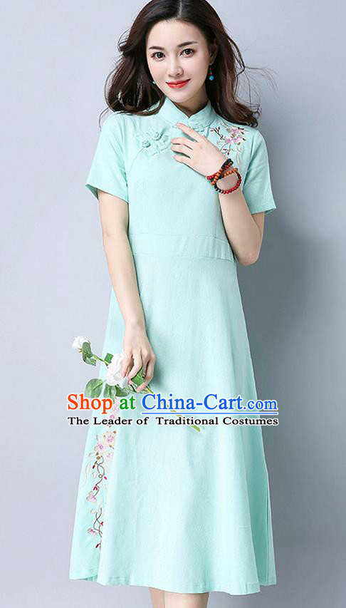 Traditional Ancient Chinese National Costume, Elegant Hanfu Mandarin Qipao Embroidery Blue Dress, China Tang Suit Chirpaur Upper Outer Garment Elegant Dress Clothing for Women