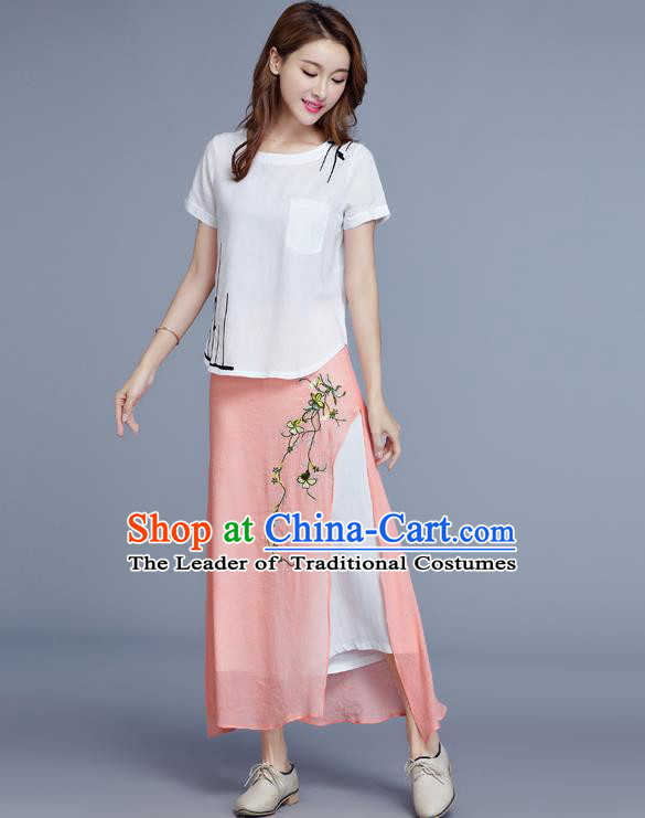 Traditional Chinese National Costume Loose Pants, Elegant Hanfu Embroidered Chiffon Pink Wide leg Pants, China Ethnic Minorities Tang Suit Ultra-wide-leg Trousers for Women