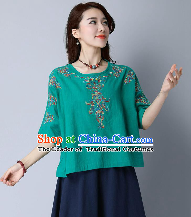 Traditional Chinese National Costume, Elegant Hanfu Embroidery Flowers Linen Green T-Shirt, China Tang Suit Blouse Cheong-sam Upper Outer Garment Qipao Shirts Clothing for Women