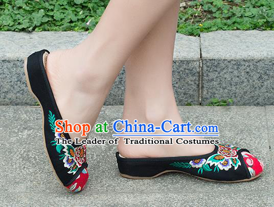Traditional Chinese Shoes, China Handmade Embroidered Slippers Black Shoes, Ancient Princess Shoes for Women
