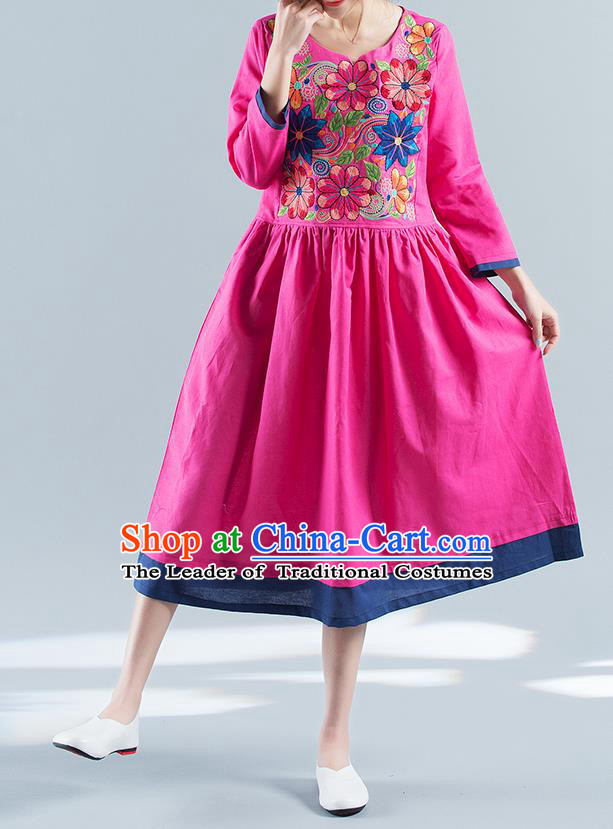 Traditional Ancient Chinese National Costume, Elegant Hanfu Mandarin Qipao Linen Embroidery Pink Dress, China Tang Suit Chirpaur National Minority Elegant Dress Clothing for Women