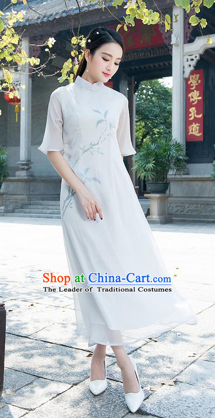 Traditional Ancient Chinese National Costume, Elegant Hanfu Mandarin Qipao Hand Painting Grey Dress, China Tang Suit Chirpaur Elegant Dress Clothing for Women