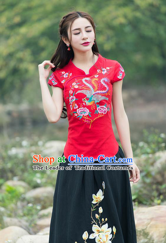 Traditional Chinese National Costume, Elegant Hanfu Embroidery Flowers Stand Collar Red T-Shirt, China Tang Suit Chirpaur Blouse Cheong-sam Upper Outer Garment Qipao Shirts Clothing for Women