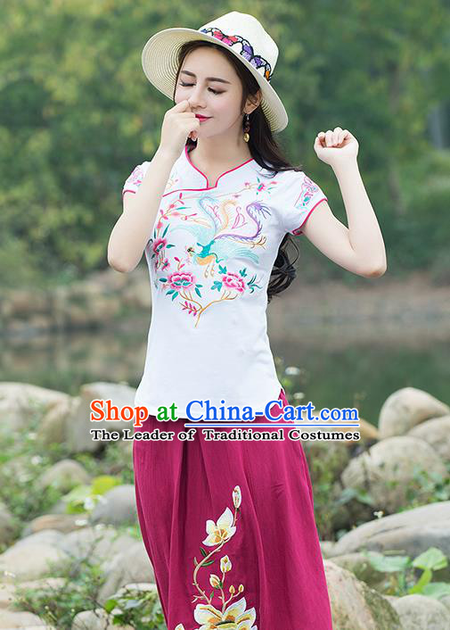 Traditional Chinese National Costume, Elegant Hanfu Embroidery Flowers Stand Collar White T-Shirt, China Tang Suit Chirpaur Blouse Cheong-sam Upper Outer Garment Qipao Shirts Clothing for Women