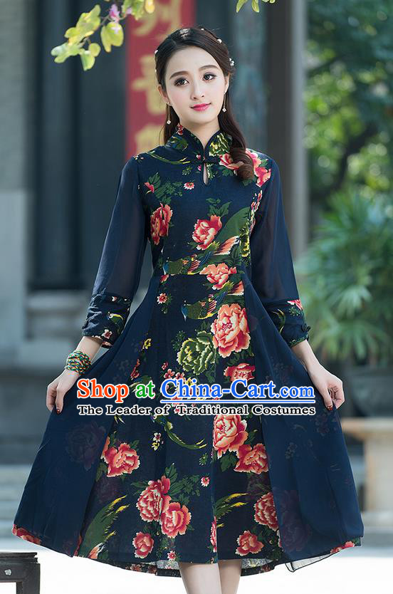 Traditional Ancient Chinese National Costume, Elegant Hanfu Mandarin Qipao Printing Peony Dress, China Tang Suit Chirpaur Elegant Dress Clothing for Women