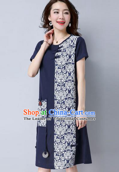 Traditional Ancient Chinese National Costume, Elegant Hanfu Mandarin Qipao Patch Printing Navy Dress, China Tang Suit Plated Buttons Chirpaur Elegant Dress Clothing for Women