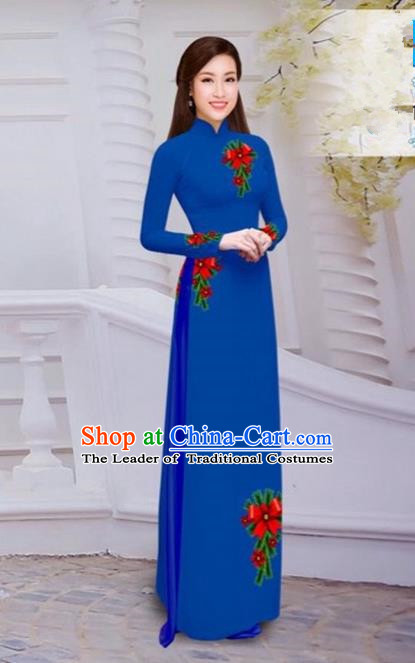 Top Grade Asian Vietnamese Traditional Dress, Vietnam Bride Ao Dai Hand Printing Flowers Dress, Vietnam Princess Royalblue Dress Cheongsam Clothing for Women