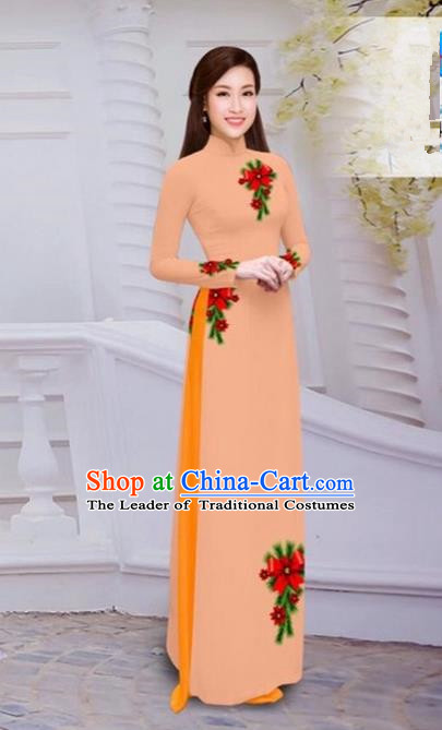Top Grade Asian Vietnamese Traditional Dress, Vietnam Bride Ao Dai Hand Printing Flowers Dress, Vietnam Princess Orange Dress Cheongsam Clothing for Women