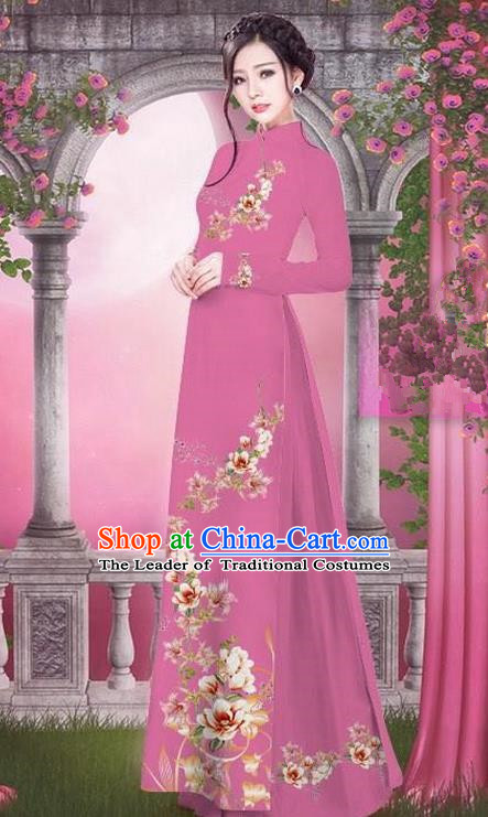 Top Grade Asian Vietnamese Traditional Dress, Vietnam Bride Ao Dai Printing Peach Blossom Flowers Dress, Vietnam Princess Deep Pink Dress Cheongsam Clothing for Women