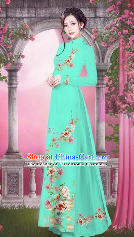 Top Grade Asian Vietnamese Traditional Dress, Vietnam Bride Ao Dai Printing Peach Blossom Flowers Dress, Vietnam Princess Blue Dress Cheongsam Clothing for Women