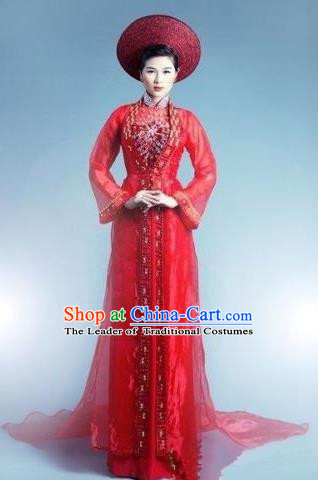 Top Grade Asian Vietnamese Traditional Dress, Vietnam Bride Ao Dai Dress, Vietnam Princess Wedding Red Veil Full Dress Cheongsam Clothing for Women