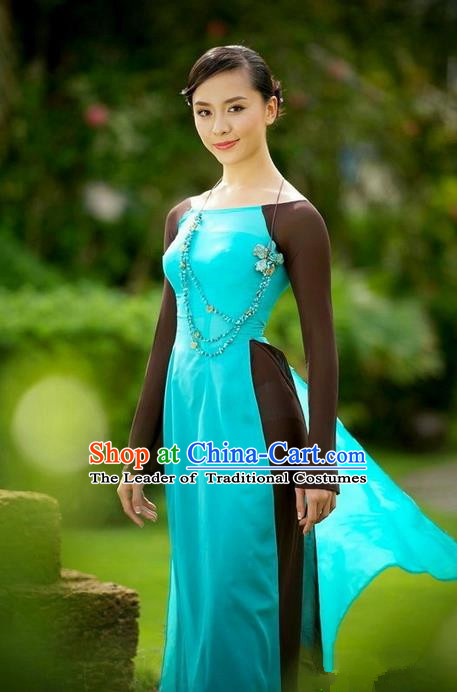 Top Grade Asian Vietnamese Traditional Dress, Vietnam National Ao Dai Dress, Vietnam Princess Silk Blue Dress and Pants Complete Set Cheongsam Clothing for Women
