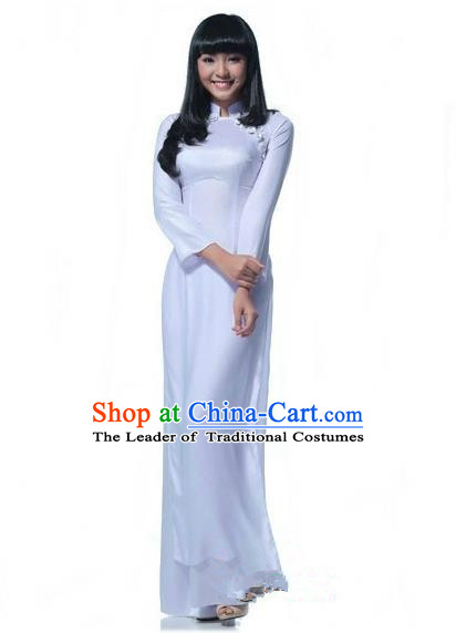 Top Grade Asian Vietnamese Traditional Dress, Vietnam National Young Lady Ao Dai Dress, Vietnam Bride White Cheongsam and Pants Wedding Clothing for Women