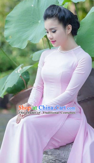 Top Grade Asian Vietnamese Traditional Dress, Vietnam National Young Lady Ao Dai Dress, Vietnam Princess Pink Chiffon Cheongsam Dress and Pants for Women