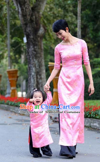 Top Grade Asian Vietnamese Traditional Dress, Vietnam National Farmwife Ao Dai Dress, Vietnam Pink Ao Dai Cheongsam Mother-child Dress Clothing for Woman