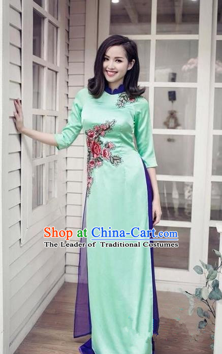 Top Grade Asian Vietnamese Traditional Dress, Vietnam National Princess Ao Dai Dress, Vietnam Green Patch Embroidered Ao Dai Cheongsam Dress and Pants Clothing for Woman