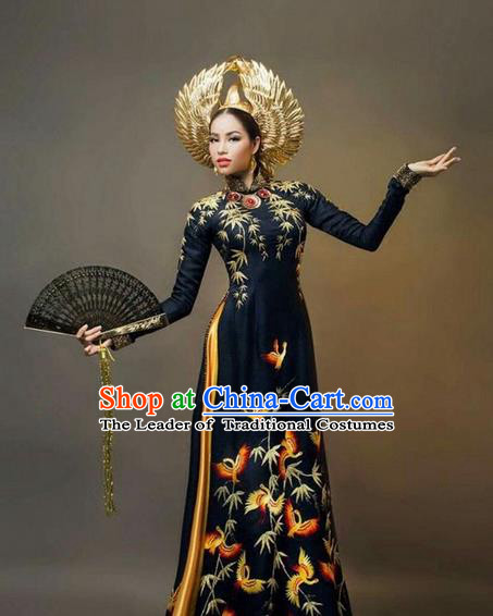 Top Grade Asian Vietnamese Traditional Dress, Vietnam National Queen Ao Dai Dress, Vietnam Palace Royal Empress Black Ao Dai Cheongsam Dress Clothing for Woman
