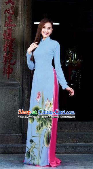 Traditional Top Grade Asian Vietnamese Dress, Vietnam National Female Ao Dai Dress Women Blue Printing Lotus Cheongsam Clothing