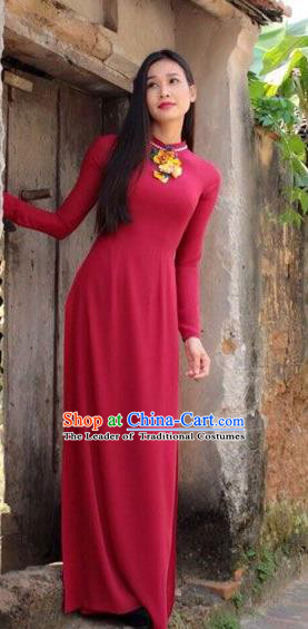 Traditional Top Grade Asian Vietnamese Dress, Vietnam National Female Ao Dai Dress Women Red Embroidered Suit Cheongsam Clothing