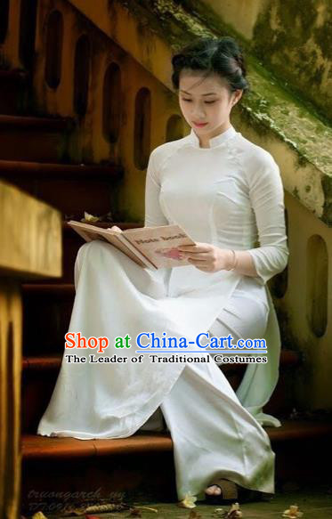 Traditional Top Grade Asian Vietnamese Dress, Vietnam National Female Ao Dai Dress Women White Ao Dai Cheongsam Clothing