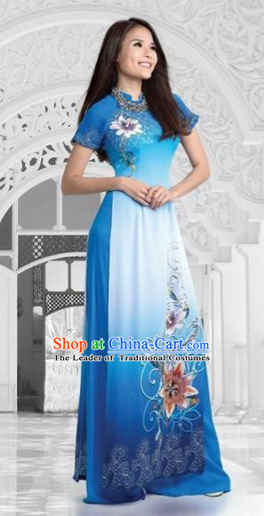 Top Grade Asian Vietnamese Traditional Dress, Vietnam National Queen Ao Dai Dress, Vietnam Palace Princess Blue Printing Lotus Ao Dai Cheongsam Dress Clothing for Woman