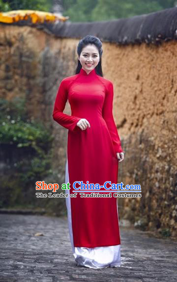 Traditional Top Grade Asian Vietnamese Dress, Vietnam National Female Handmade Ao Dai Dress Women Red Full Dress Ao Dai Cheongsam and Loose Pants Complete Set