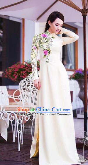 Traditional Top Grade Asian Vietnamese Costumes, Vietnam National Female Handmade Ao Dai Dress Bride Wedding Cheongsam White Clothing for Women