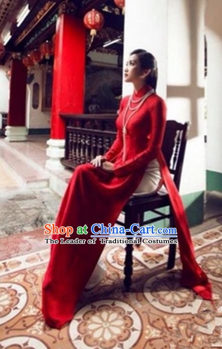 Traditional Top Grade Asian Vietnamese Costumes Red Full Dress, Vietnam National Female Handmade Ao Dai Dress Cheongsam Clothing for Women
