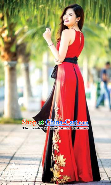 Traditional Top Grade Asian Vietnamese Costumes, Vietnam National Female Handmade Red Chiffon Ao Dai Dress Cheongsam Clothing for Women