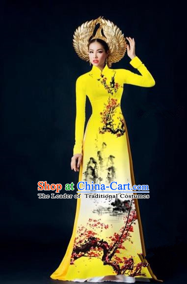 Traditional Top Grade Asian Vietnamese Costumes Dance Dress, Vietnam National Female Handmade Yellow Printing Ao Dai Dress Cheongsam Clothing for Women