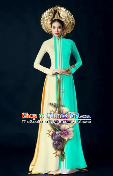 Traditional Top Grade Asian Vietnamese Costumes Dance Dress and Pants Complete Set, Vietnam National Women Ao Dai Dress Flowers Painting Blue Cheongsam Clothing