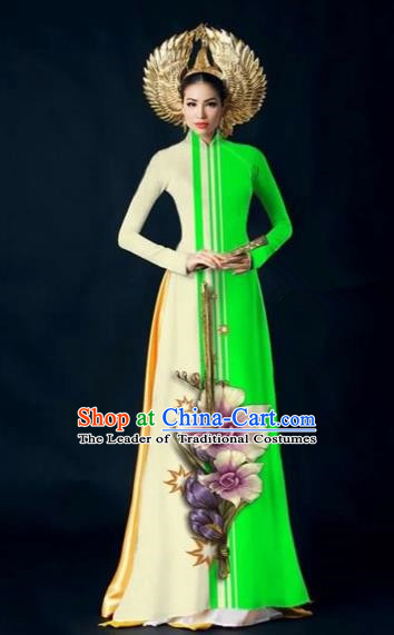 Traditional Top Grade Asian Vietnamese Costumes Dance Dress and Pants Complete Set, Vietnam National Women Ao Dai Dress Flowers Painting Green Cheongsam Clothing