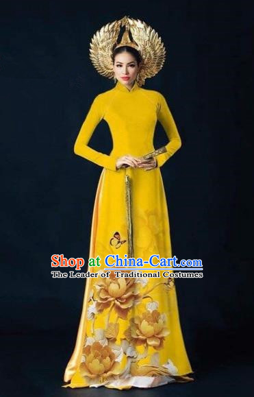 Traditional Top Grade Asian Vietnamese Costumes Dance Dress, Vietnam National Women Ao Dai Dress Printing Peony Flowers Yellow Cheongsam Clothing