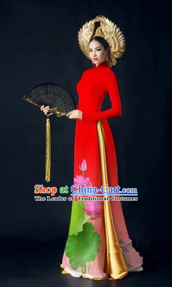 Traditional Top Grade Asian Vietnamese Costumes Dance Dress, Vietnam National Women Ao Dai Dress Printing Lotus Red Cheongsam Clothing