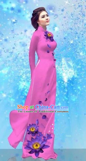Traditional Top Grade Asian Vietnamese Costumes Dance Dress and Pants, Vietnam National Female Handmade Printing Pink Ao Dai Dress Cheongsam Clothing for Women