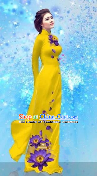 Traditional Top Grade Asian Vietnamese Costumes Dance Dress and Pants, Vietnam National Female Handmade Printing Light Yellow Ao Dai Dress Cheongsam Clothing for Women