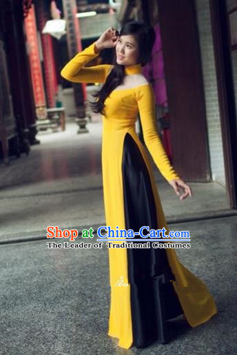 Traditional Top Grade Asian Vietnamese Costumes Dance Dress and Loose Pants, Vietnam National Female Handmade Yellow Ao Dai Dress Cheongsam Clothing for Women