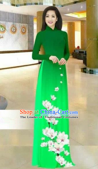 Traditional Top Grade Asian Vietnamese Costumes Dance Dress, Vietnam National Female Printing Flowers Green Ao Dai Dress Stand Collar Cheongsam Clothing for Women