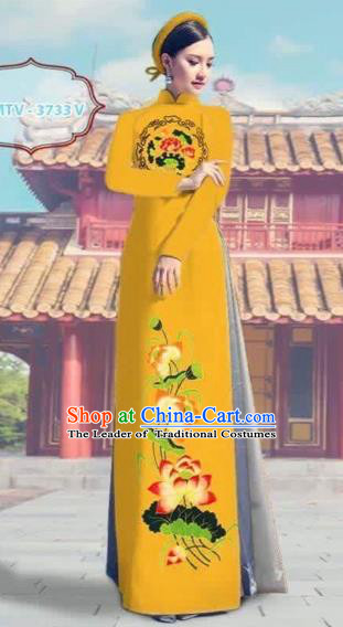 Traditional Top Grade Asian Vietnamese Costumes Dance Dress, Vietnam National Female Printing Lotus Yellow Ao Dai Dress Cheongsam Clothing Complete Set for Women