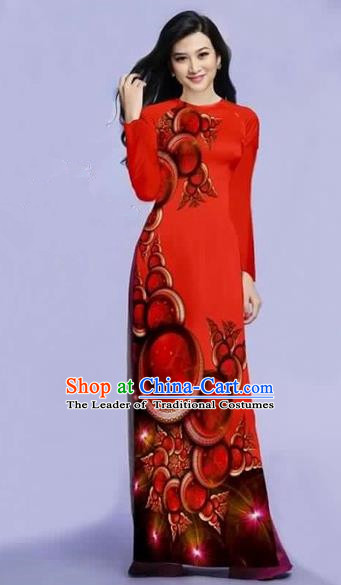 Traditional Top Grade Asian Vietnamese Costumes Dance Dress, Vietnam National Female Printing Red Ao Dai Dress Cheongsam Clothing for Women