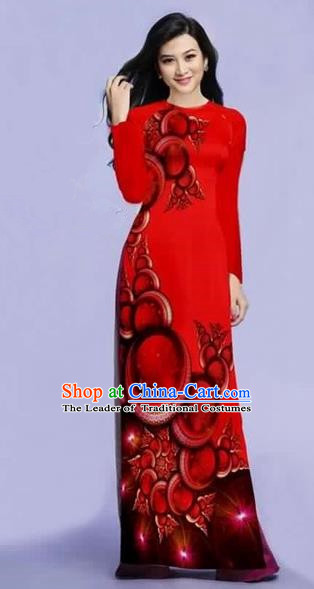 Traditional Top Grade Asian Vietnamese Costumes Dance Dress, Vietnam National Female Printing Dark Red Ao Dai Dress Cheongsam Clothing for Women