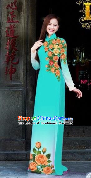 Traditional Top Grade Asian Vietnamese Costumes Dance Dress, Vietnam National Female Printing Flowers Blue Ao Dai Dress Cheongsam Clothing for Women
