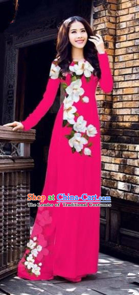 Traditional Top Grade Asian Vietnamese Costumes Dance Dress, Vietnam National Female Printing Flowers Rose Ao Dai Dress Cheongsam Clothing for Women