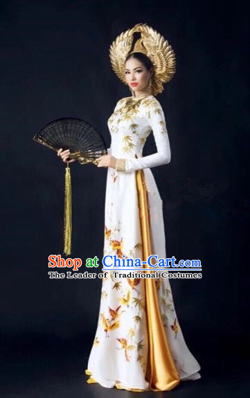 Traditional Top Grade Asian Vietnamese Costumes Dance Dress, Vietnam National Women Ao Dai Dress Printing White Cheongsam Clothing